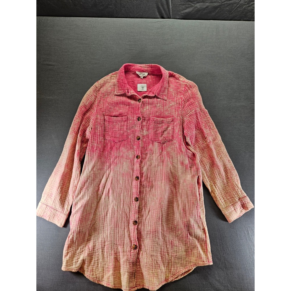 Peach Love California Pink Acid Wash Gauze Button Down Tunic Top Small NWT